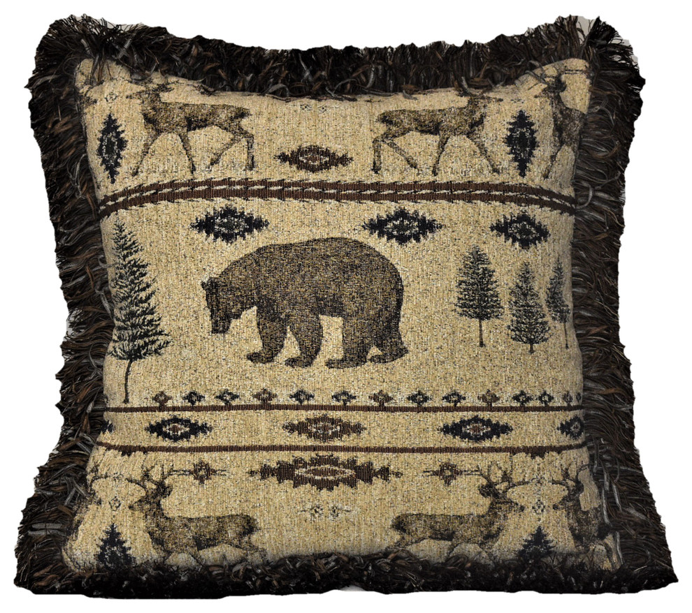 Bear Rustic Cabin Decorative Throw Pillow Brown/Beige With Fringe