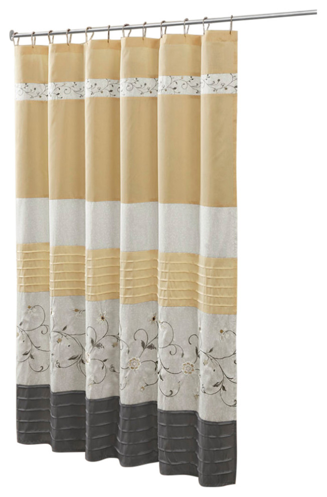 Madison Park Serene Faux Silk Embroidered Floral Shower Curtain, Yellow