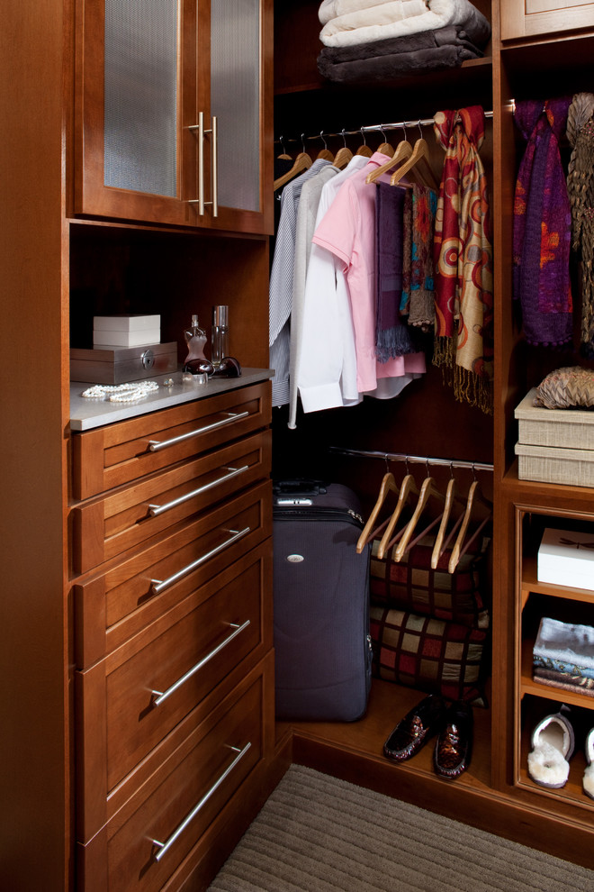 Mid-sized traditional women's walk-in wardrobe in Other with recessed-panel cabinets, medium wood cabinets and carpet.