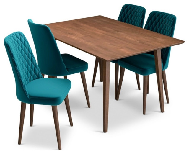 Alpen Modern Solid Wood Table and Teal Velvet Chair Dining Room