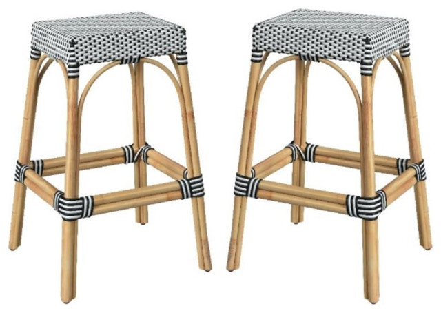 Home Square Rattan Backless Barstool in White and Black - Set of 2