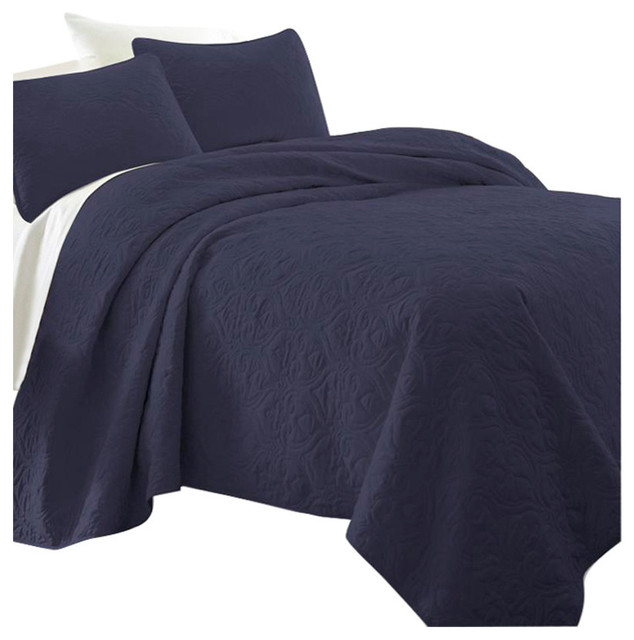 Ienjy Home Damask Patterned Quilted Coverlet Set King Navy San