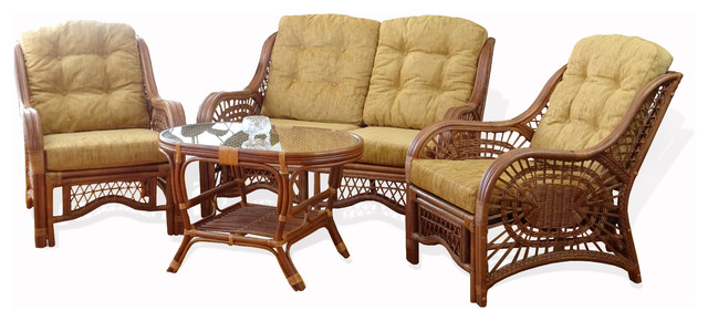 Malibu Set of 2 Rattan Wicker Chairs, Loveseat and Coffee Table, Colonial, Light