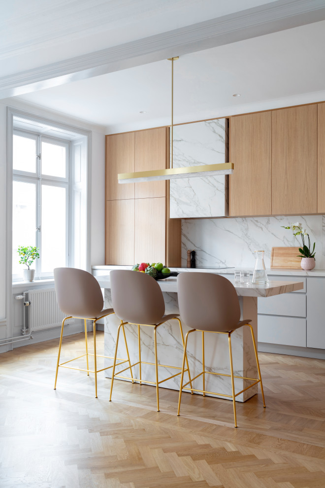 Design ideas for a scandinavian single-wall open plan kitchen in Stockholm.