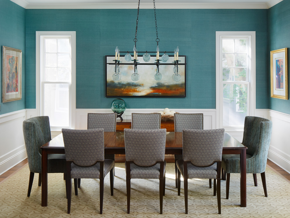 Enclosed dining room - transitional enclosed dining room idea in Chicago with blue walls and no fireplace