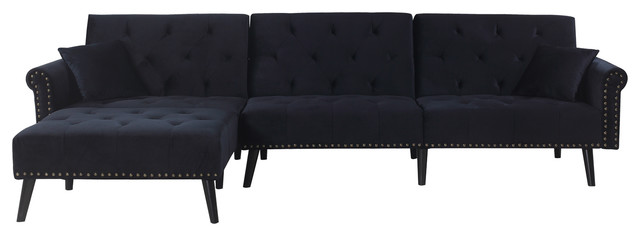 Velvet L Shape Sectional Sleeper Sofa With Reclining Backrest Velvet L Shape Sectional Sleeper Sofa With Reclining Backrest Black