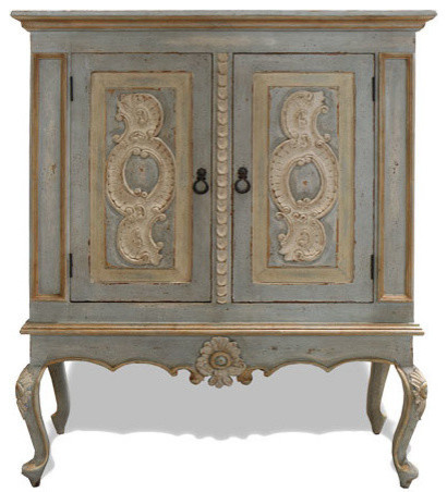 Old World Munich Lowboy Armoire, Pale Turquoise Distressed With Cream and Gold