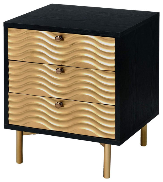 Unique Nightstand, 3 Storage Drawers With Wavy Recessed Front, Black
