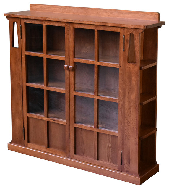 Mission Double Door Bookcase With Side, Arts And Crafts Bookcase With Glass Doors