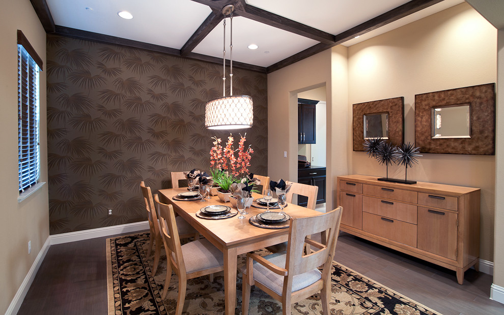 This is an example of a contemporary dining room in San Francisco with brown walls and dark hardwood floors.