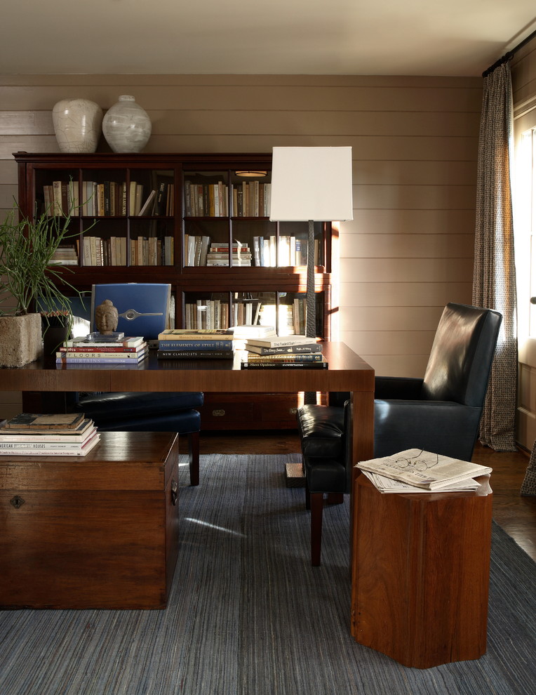 Inspiration for a transitional home office in Atlanta with beige walls, dark hardwood floors and a freestanding desk.