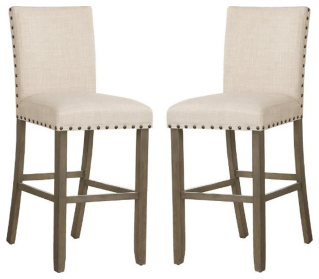 Home Square Upholstered Bar Stool with Nailhead Trim in Beige Set of