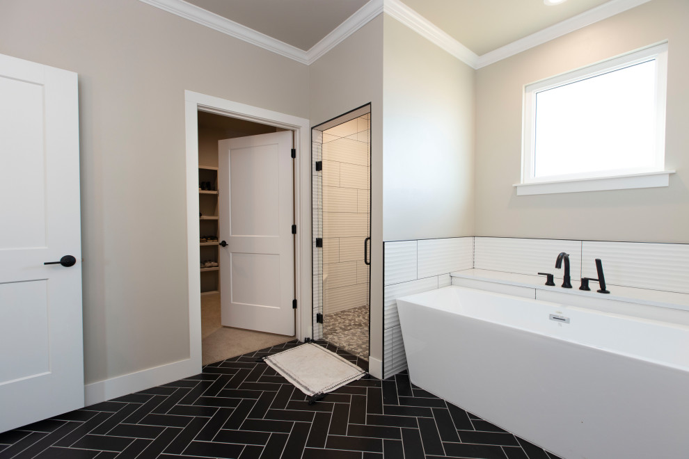 Photo of a large country bathroom in Other with shaker cabinets, light wood cabinets, a freestanding tub, an open shower, a two-piece toilet, an undermount sink, quartzite benchtops, white benchtops, a double vanity and a freestanding vanity.