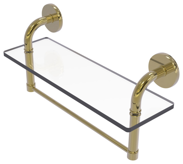 Remi 16" Glass Vanity Shelf with Towel Bar, Unlacquered Brass