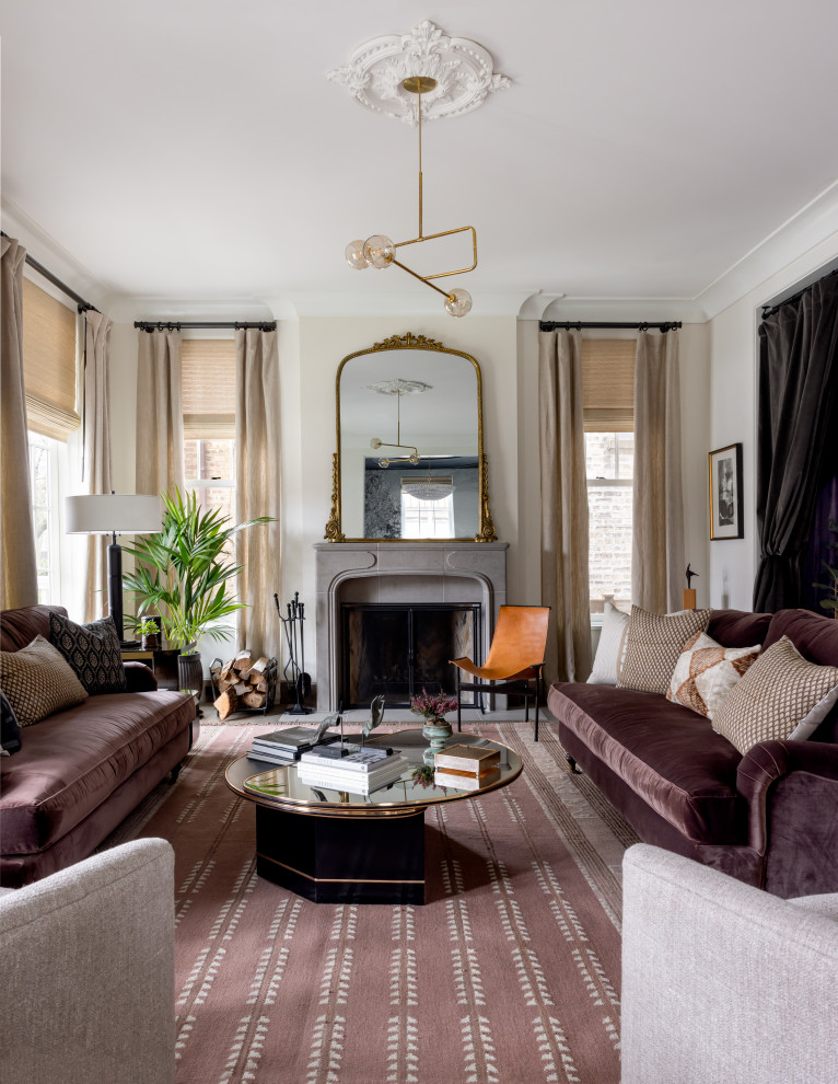 Inspiration for a transitional gray floor living room remodel in Chicago with beige walls and a standard fireplace