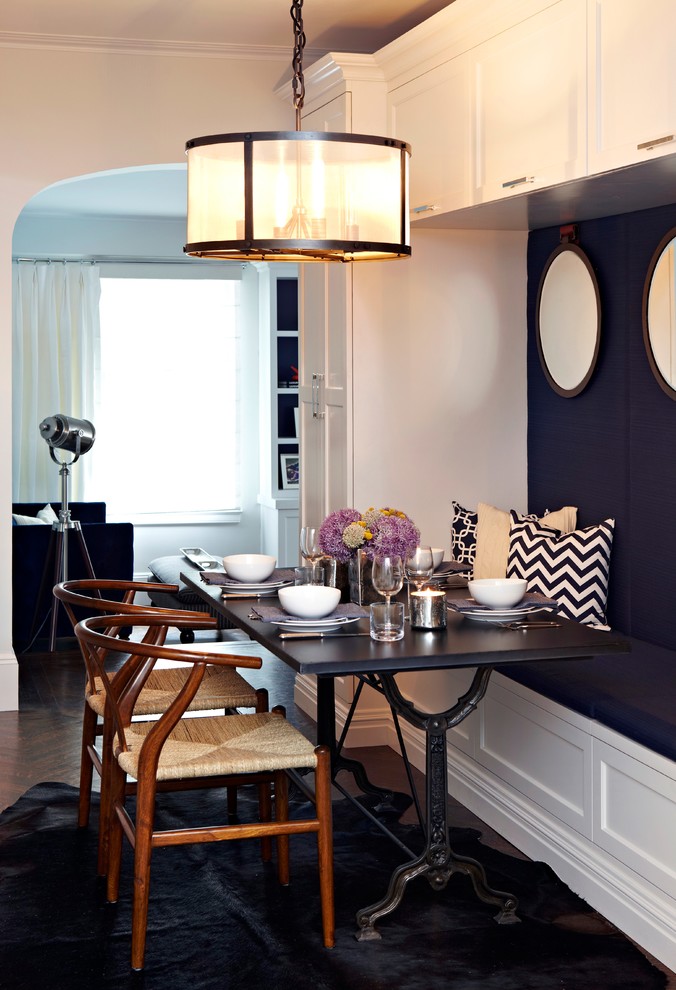 Small transitional open plan dining in New York with grey walls, dark hardwood floors and no fireplace.
