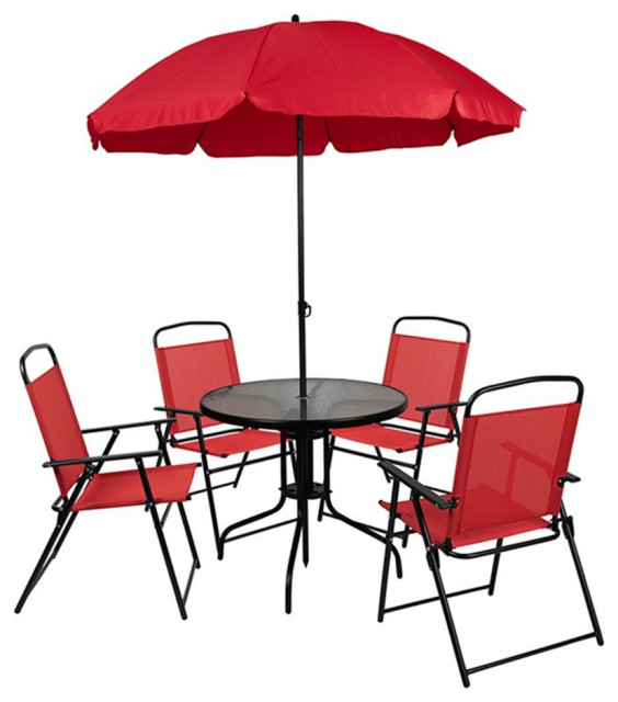Flash Furniture Nantucket 6PC Plastic Patio Umbrella Table & Chairs Set in Red