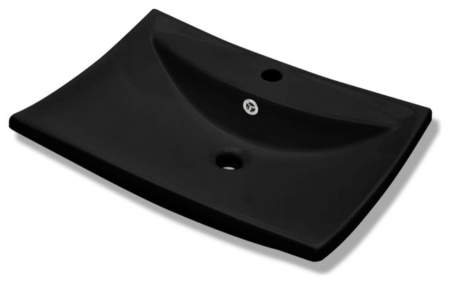 vidaXL Ceramic Basin w/ Overflow&Faucet Hole 24"x17.3" Black Bathroom Sink
