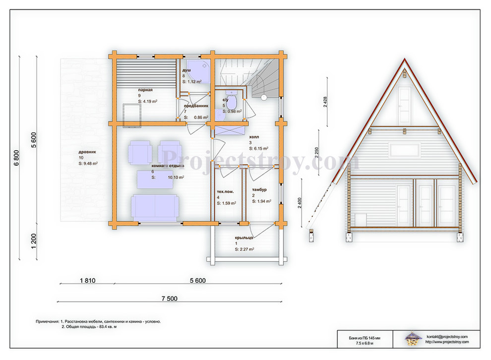 Баня из профилированного бруса 145 мм с чердачным этажом