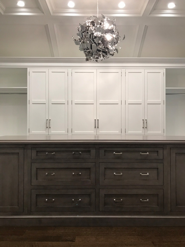 Inspiration for a large transitional walk-in wardrobe in New York with recessed-panel cabinets, dark wood cabinets, dark hardwood floors, brown floor and recessed.