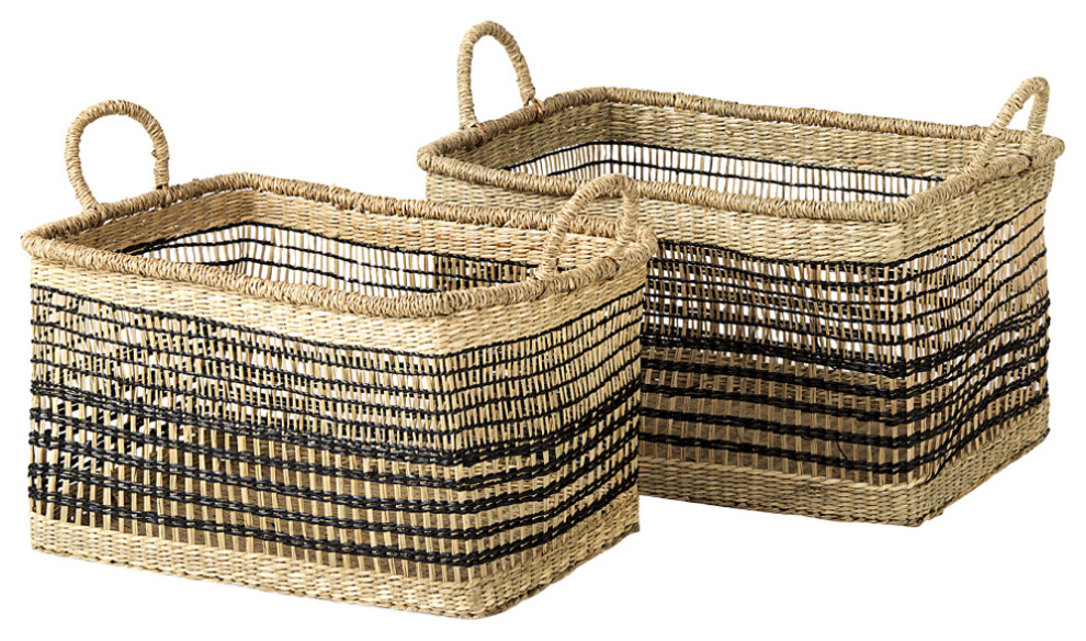 Nia Light Brown Seagrass Rectangular Baskets With Handles, 2-Piece Set