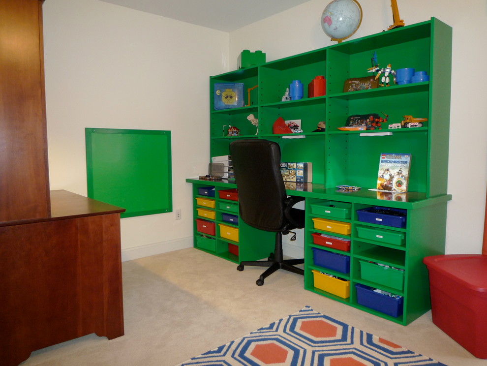 Photo of an eclectic kids' room for boys in Other with white walls and carpet.