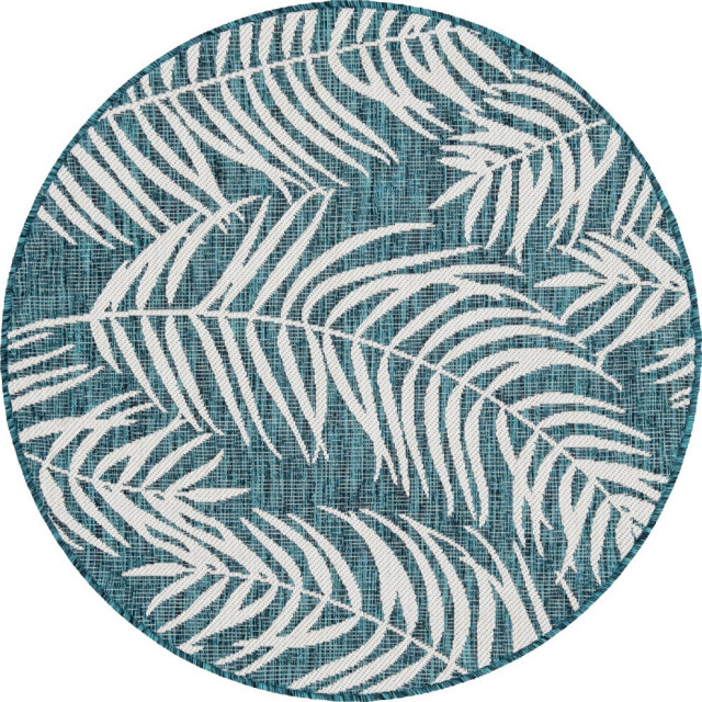 Rug Unique Loom Outdoor Botanical Teal Round 4'0x4'0 Tropical