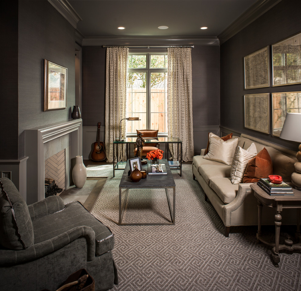 Traditional living room in Houston with grey walls.