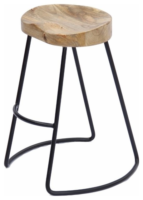 Wooden Saddle Seat Barstool With Tubular Metal Base Small Brown And Black Industrial Bar Stools And Counter Stools By Benzara Woodland Imprts The Urban Port