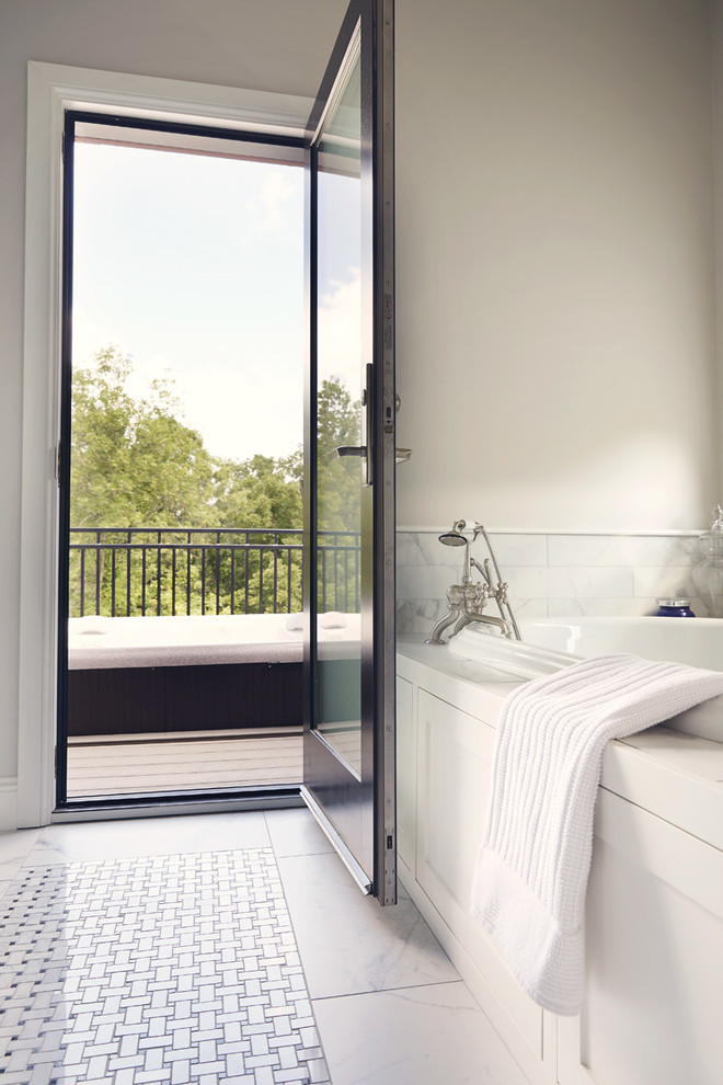 Inspiration for a huge rustic master white tile and subway tile white floor bathroom remodel with medium tone wood cabinets, gray walls, an integrated sink and white countertops