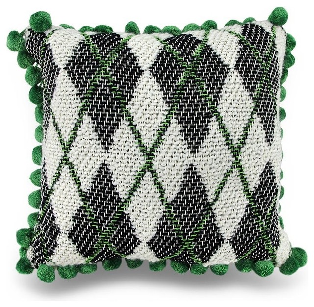 Green Black and White Argyle Ball Fringe Accent Pillow 12.5
