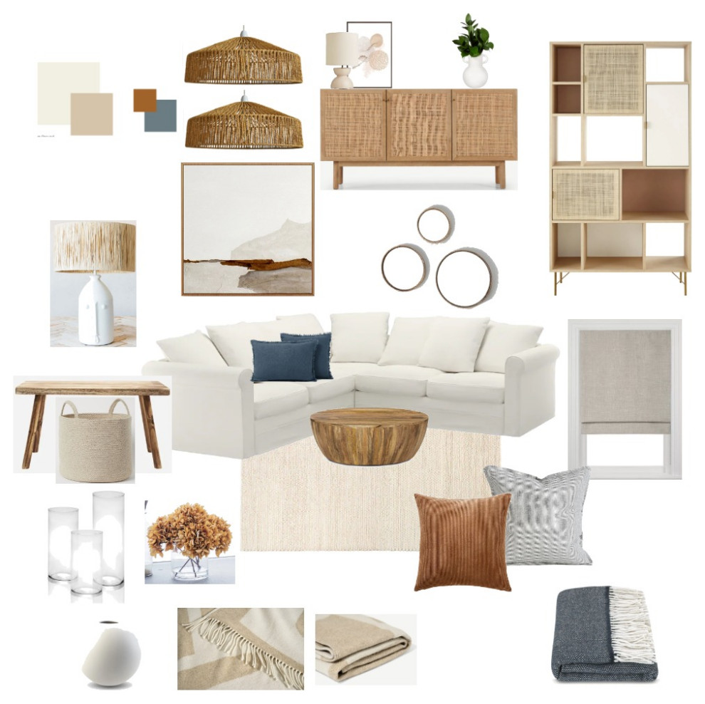 Esempio di un soggiorno scandinavo di medie dimensioni con pareti beige, pavimento in legno massello medio e TV a parete