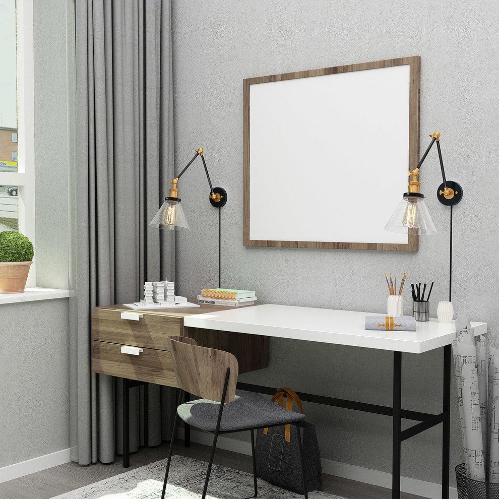 Design ideas for a small transitional study room in Atlanta with blue walls, plywood floors, a freestanding desk and grey floor.