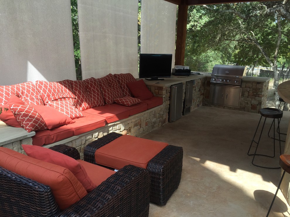 Large mountain style backyard custom-shaped infinity home design photo in Austin with decking