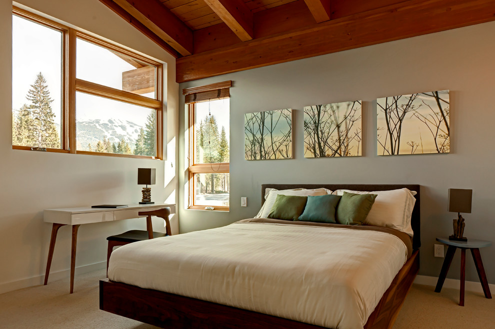 Photo of a contemporary bedroom in Vancouver with carpet, no fireplace and grey walls.