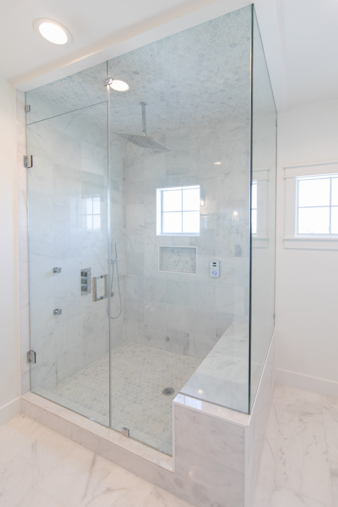Design ideas for a large modern 3/4 wet room bathroom in Houston with gray tile, stone tile, white walls, marble floors, white floor, a hinged shower door and a shower seat.