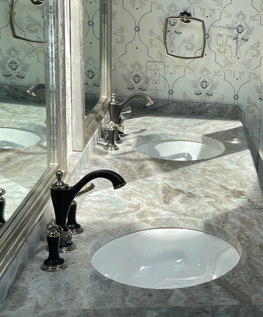 Porcelain floor & wall tile, freestanding sink, custom glass shower, custom window treatment, wallpaper, granite counter top, custom vanity