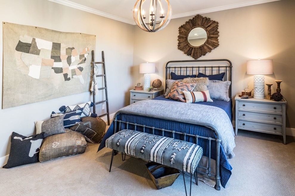 Bedroom - transitional carpeted and beige floor bedroom idea with brown walls