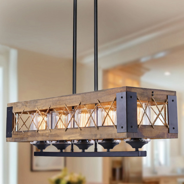 Lnc Farmhouse Wood Chandeliers 5 Light Kitchen Island Lighting Industrial Kitchen Island Lighting By Lnc Houzz