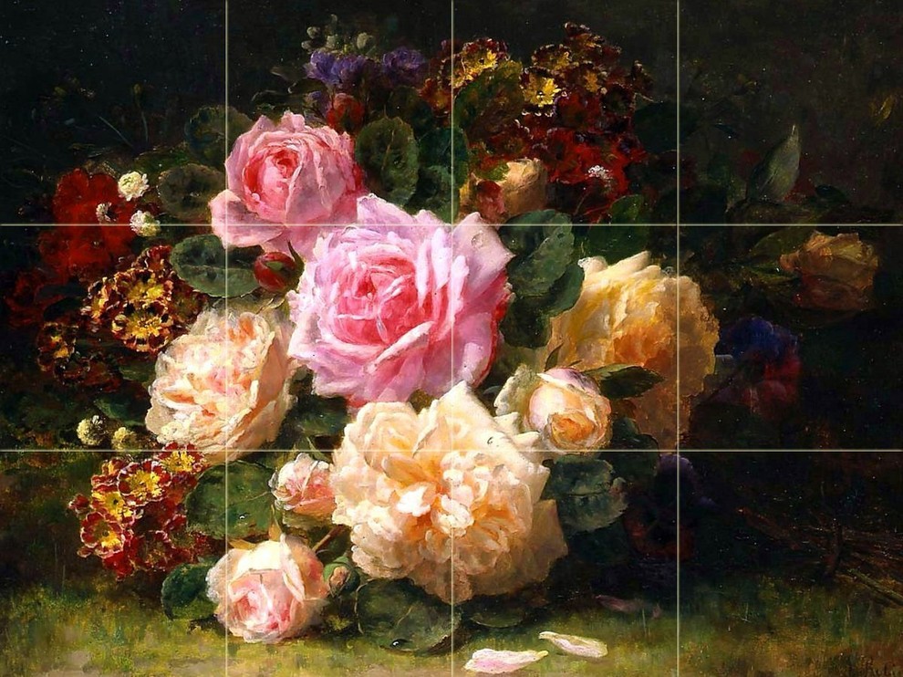 Tile Mural, Still Life Roses, Backsplash, 4.25" Ceramic, Matte