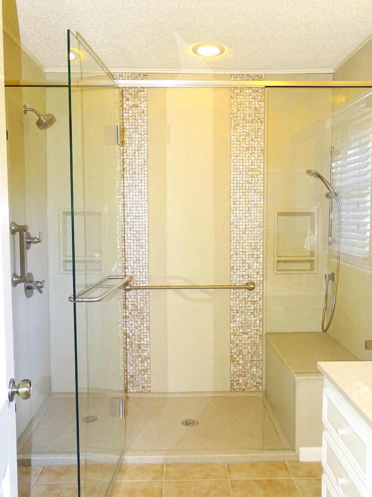 Alcove shower - large transitional master beige tile and ceramic tile ceramic tile alcove shower idea in Austin with onyx countertops