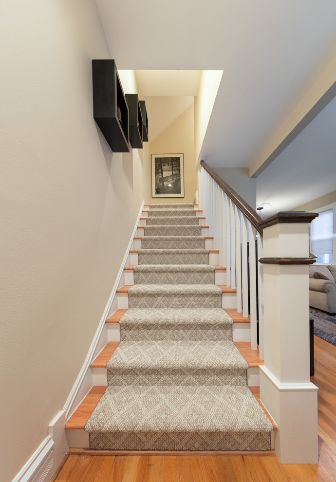 This is an example of a mid-sized modern carpeted u-shaped staircase in Chicago with painted wood risers.