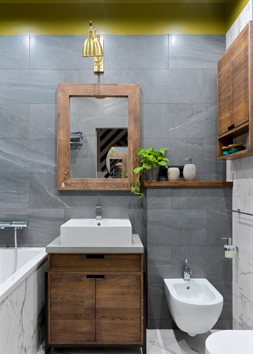 Natural Wood Elegance in a Compact Bathroom with Over-The-Toilet Wooden Shelf