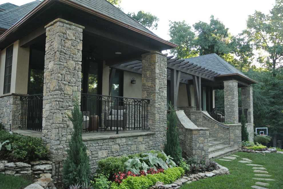 Mid-sized rustic beige one-story mixed siding gable roof idea with a shingle roof