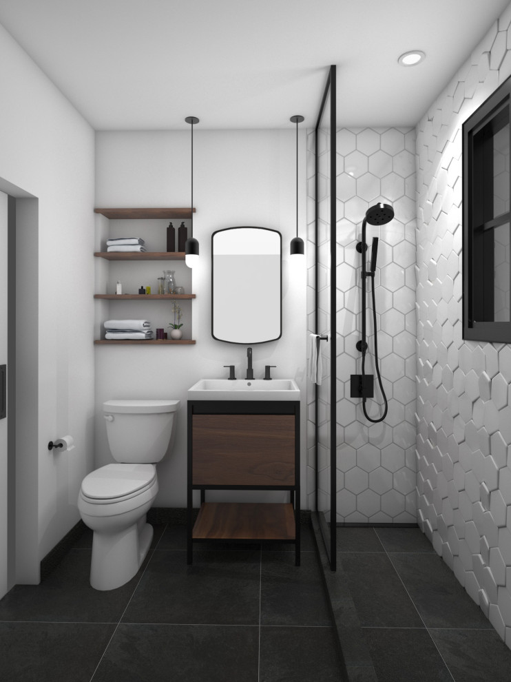 Modern inredning av ett litet badrum, med skåp i mellenmörkt trä, en öppen dusch, en toalettstol med hel cisternkåpa, vit kakel, keramikplattor, vita väggar, klinkergolv i keramik, ett integrerad handfat, svart golv och med dusch som är öppen