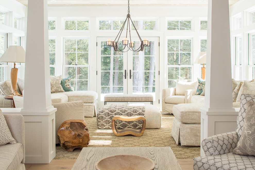 Beach style formal open concept living room in Portland Maine.