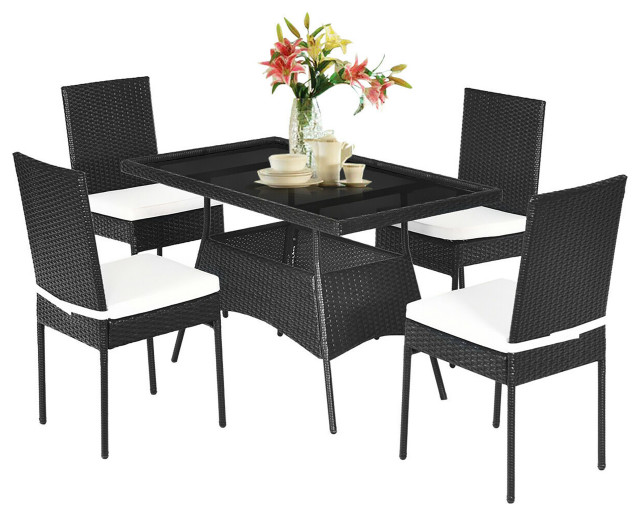 Costway 5 Piece Outdoor Patio Furniture Rattan Dining Table Cushioned