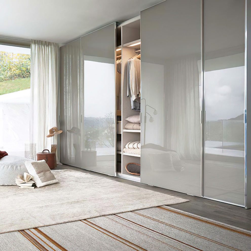 Cette image montre une grande armoire encastrée minimaliste neutre avec un placard à porte vitrée.