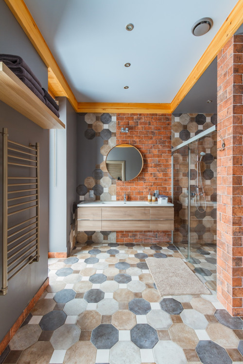 Hexagonal Harmony: Industrial Bathroom Backsplash with Bricks and Hexagons