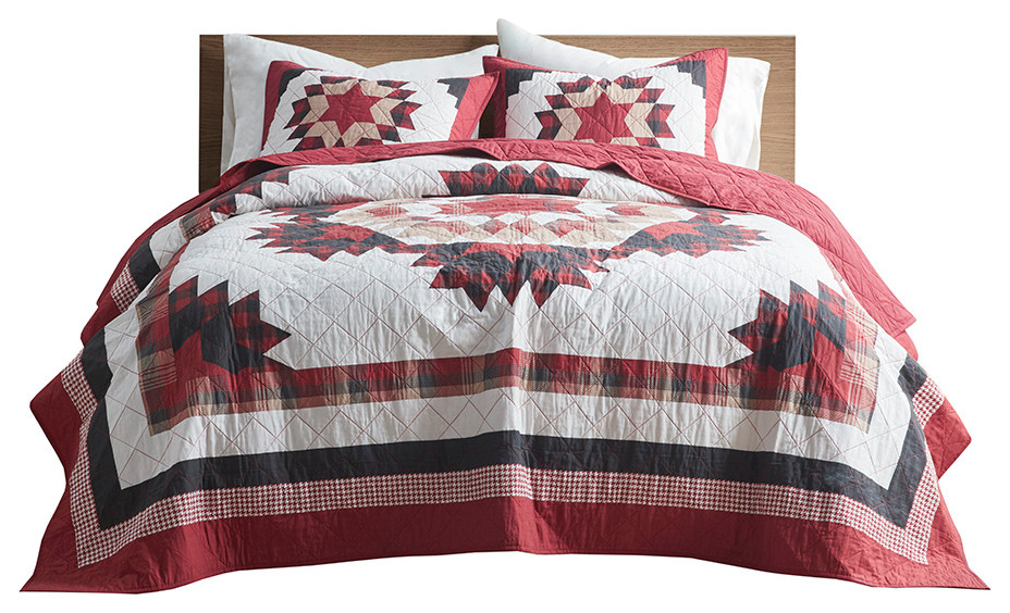 Woolrich Compass Cabin Style Cotton 3Piece Quilt Set, Red, Full/Queen